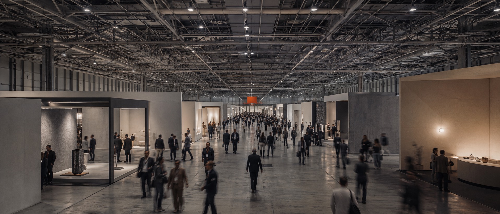 Corredor central de um pavilhão de feira internacional, com estandes dos dois lados e visitantes em movimento